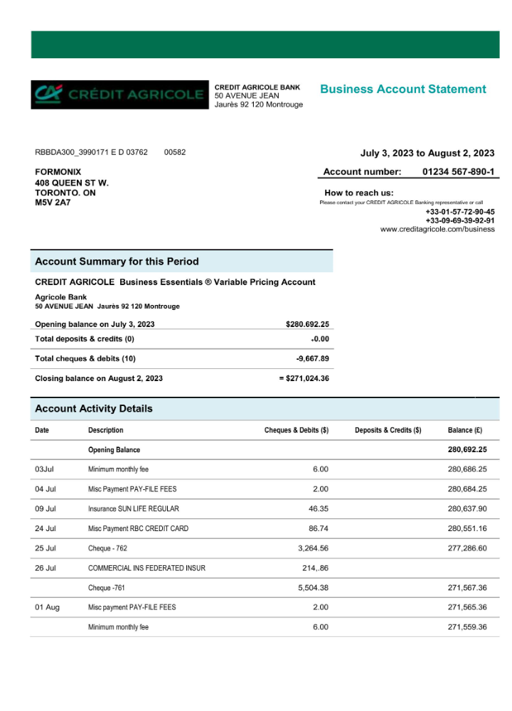 Modèle Word et PDF de relevé de compte courant d'entreprise de la Banque Crédit Agricole